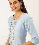 women's calf length round neck blue embellished straight kurta