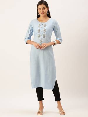 women's calf length round neck blue embellished straight kurta 2