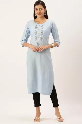 women's calf length round neck blue embellished straight kurta