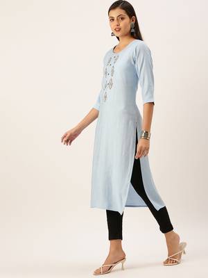 women's calf length round neck blue embellished straight kurta 3