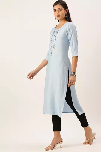 women's calf length round neck blue embellished straight kurta