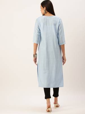 women's calf length round neck blue embellished straight kurta 4