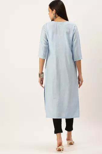 women's calf length round neck blue embellished straight kurta