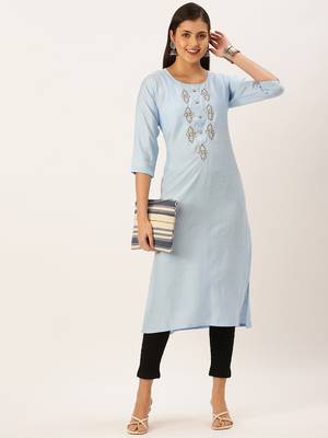 women's calf length round neck blue embellished straight kurta 5