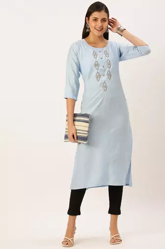 women's calf length round neck blue embellished straight kurta