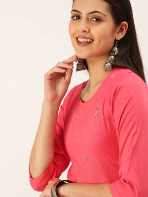 women's calf length round neck pink solid straight kurta 1