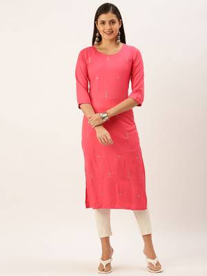 women's calf length round neck pink solid straight kurta 2