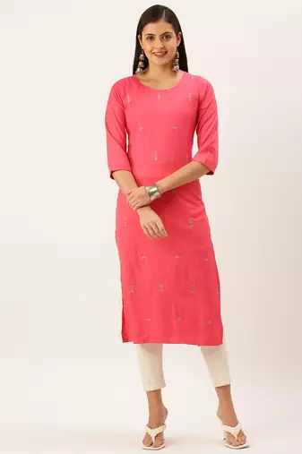 women's calf length round neck pink solid straight kurta