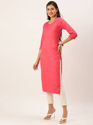women's calf length round neck pink solid straight kurta 3