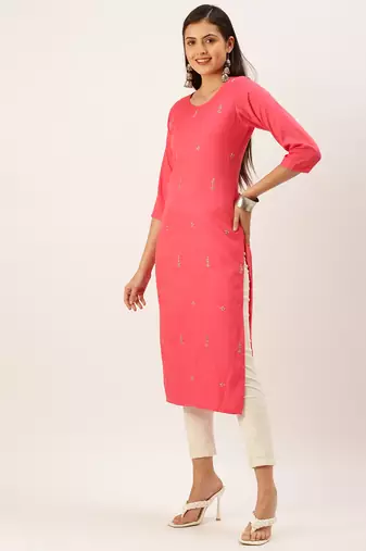 women's calf length round neck pink solid straight kurta