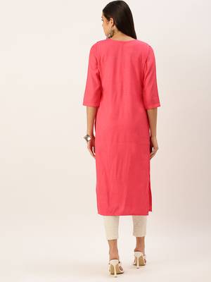 women's calf length round neck pink solid straight kurta 4