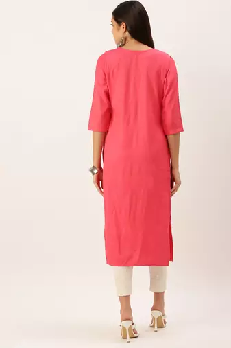 women's calf length round neck pink solid straight kurta