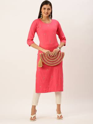 women's calf length round neck pink solid straight kurta 5