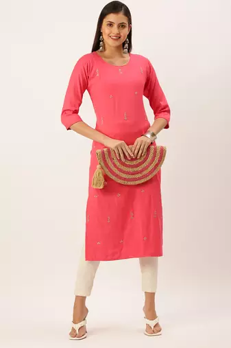 women's calf length round neck pink solid straight kurta