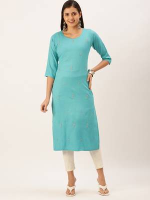 women's calf length round neck turquoise blue solid straight kurta 2