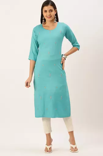 women's calf length round neck turquoise blue solid straight kurta