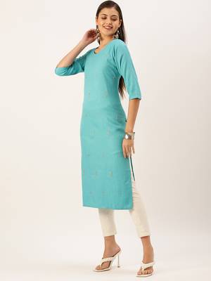 women's calf length round neck turquoise blue solid straight kurta 3