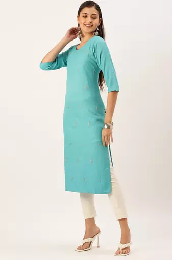 women's calf length round neck turquoise blue solid straight kurta