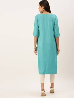 women's calf length round neck turquoise blue solid straight kurta 4