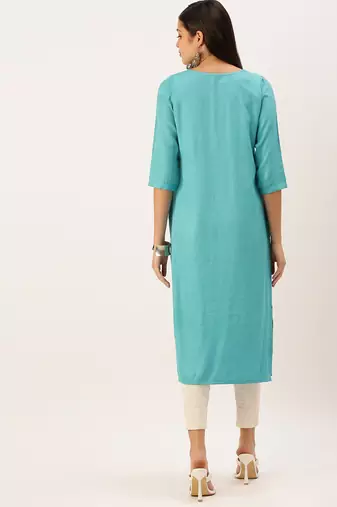 women's calf length round neck turquoise blue solid straight kurta