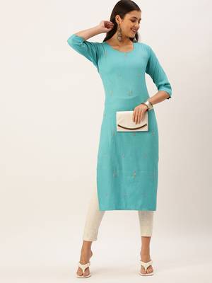 women's calf length round neck turquoise blue solid straight kurta 5