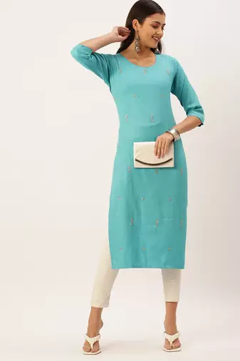 women's calf length round neck turquoise blue solid straight kurta