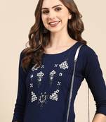 Showoff women's knee length round neck navy blue woven design straight kurta