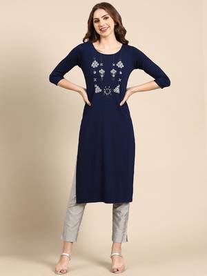 Showoff women's knee length round neck navy blue woven design straight kurta 2