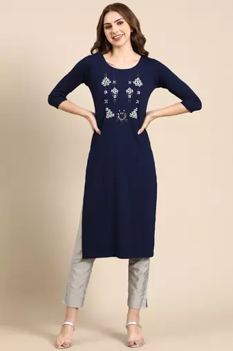 Showoff women's knee length round neck navy blue woven design straight kurta