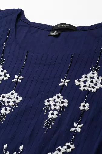 Showoff women's knee length round neck navy blue woven design straight kurta