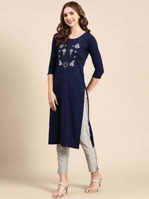 Showoff women's knee length round neck navy blue woven design straight kurta 5