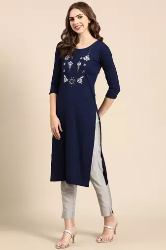 Showoff women's knee length round neck navy blue woven design straight kurta