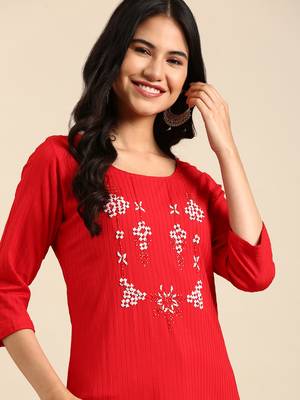 women's calf length round neck red woven design straight kurta 1