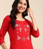 women's calf length round neck red woven design straight kurta