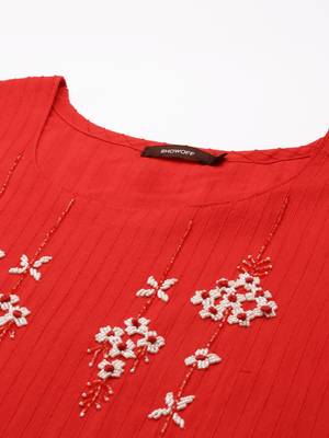 women's calf length round neck red woven design straight kurta 2