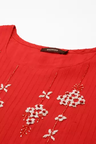 women's calf length round neck red woven design straight kurta