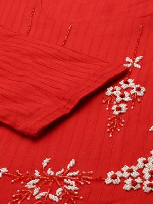 women's calf length round neck red woven design straight kurta 3