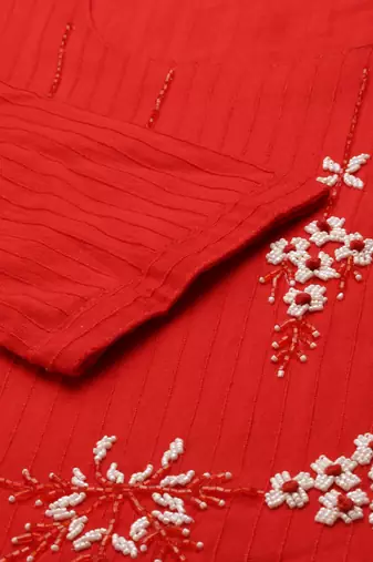 women's calf length round neck red woven design straight kurta