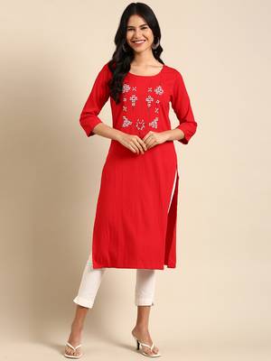women's calf length round neck red woven design straight kurta 4