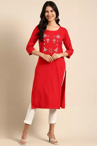 women's calf length round neck red woven design straight kurta