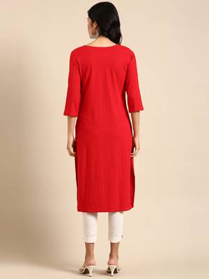 women's calf length round neck red woven design straight kurta 5