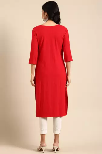women's calf length round neck red woven design straight kurta