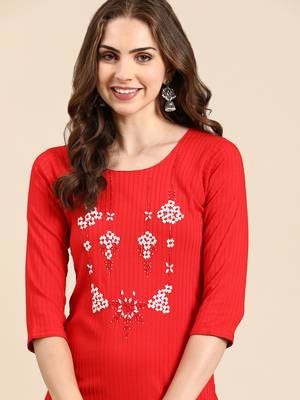 women's knee length round neck red woven design straight kurta 1