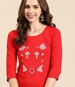 women's knee length round neck red woven design straight kurta