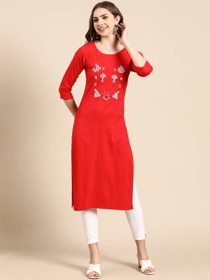 women's knee length round neck red woven design straight kurta 2
