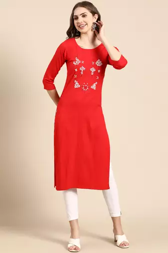 women's knee length round neck red woven design straight kurta