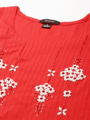 women's knee length round neck red woven design straight kurta 3