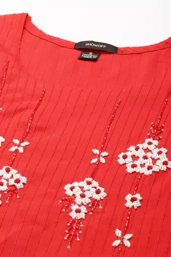 women's knee length round neck red woven design straight kurta