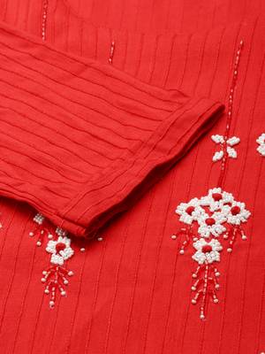women's knee length round neck red woven design straight kurta 4