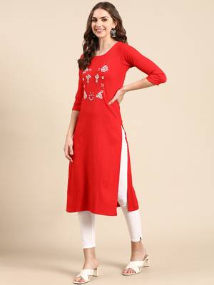 women's knee length round neck red woven design straight kurta 5